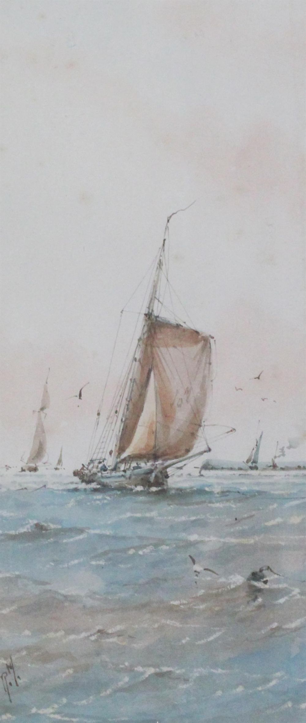 Richmond Markes, watercolour, Fishing boats off the coast, initialled, 27 x 12cm. Condition - poor to fair